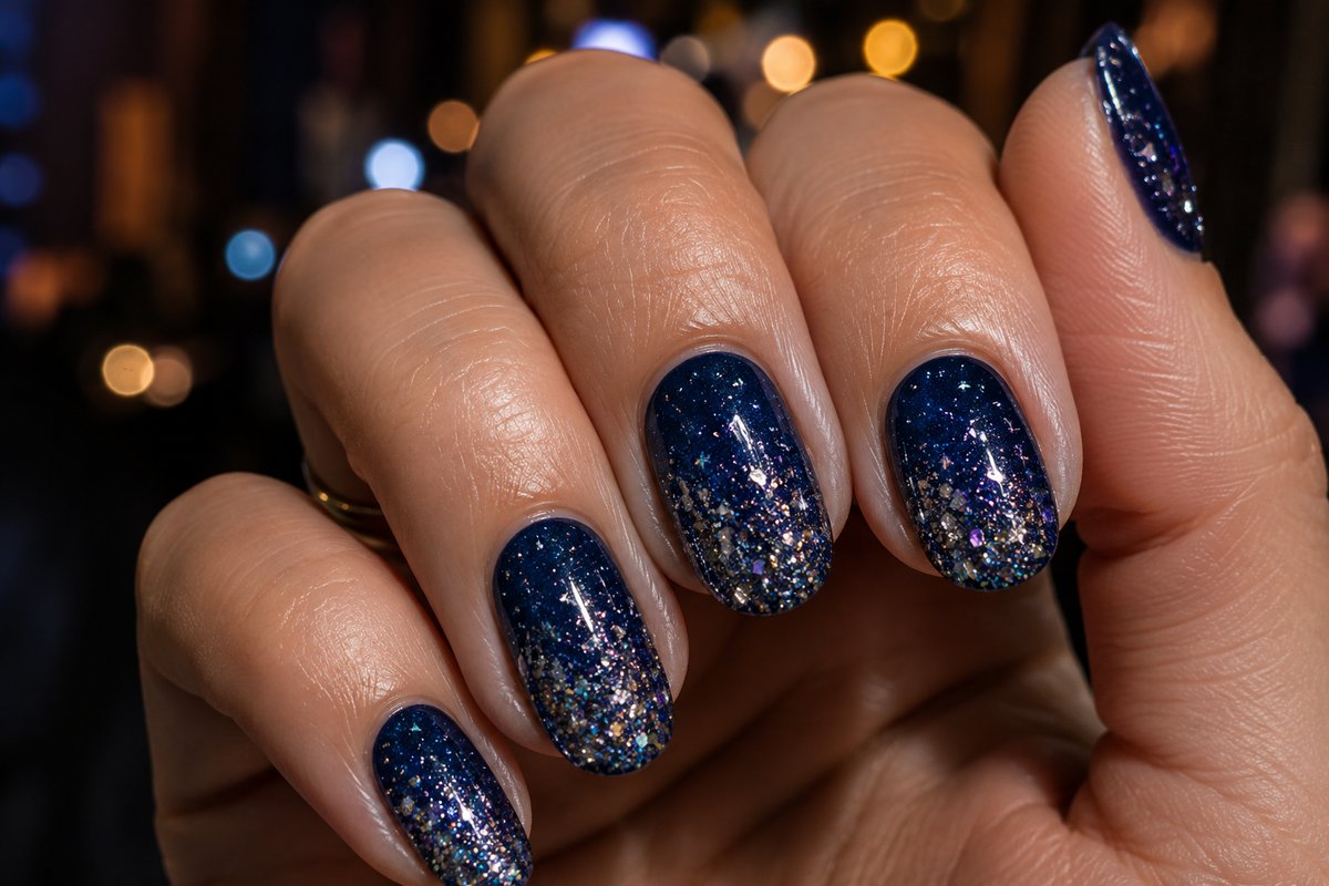 Elegante kurze Nägel in Milchweiß mit dünner, funkelnder Silberglitzerlinie