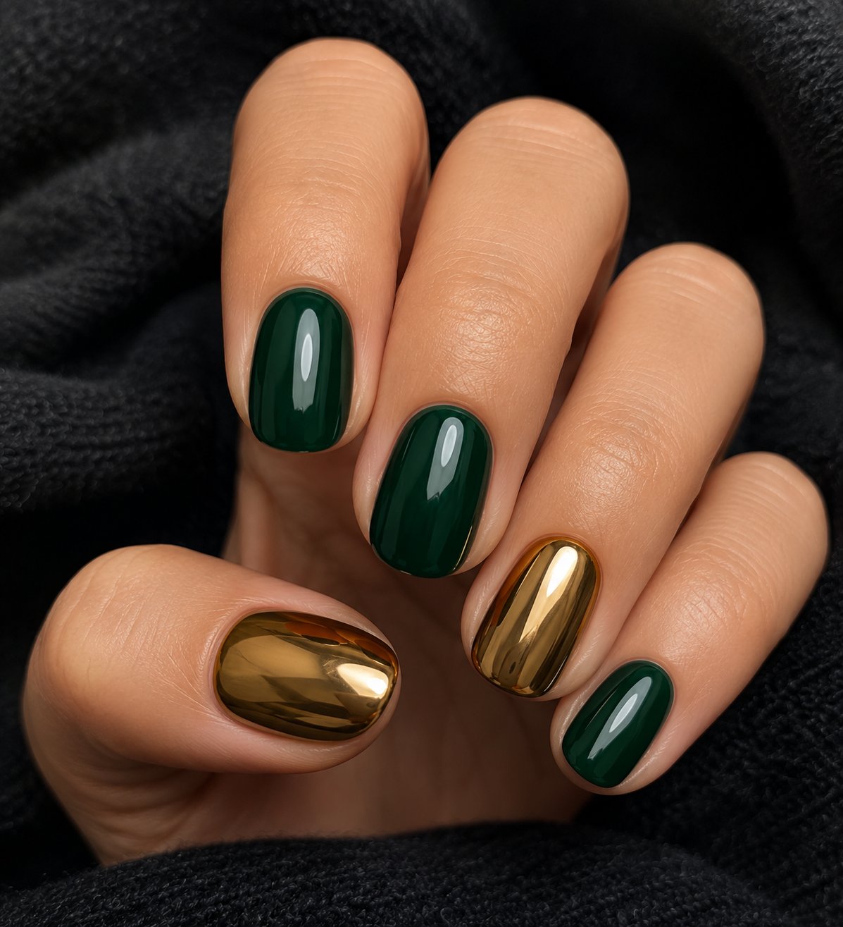Luxuriöse dunkelblaue Nägel mit goldenen Metallic-Akzenten oder Chrome-Effekten